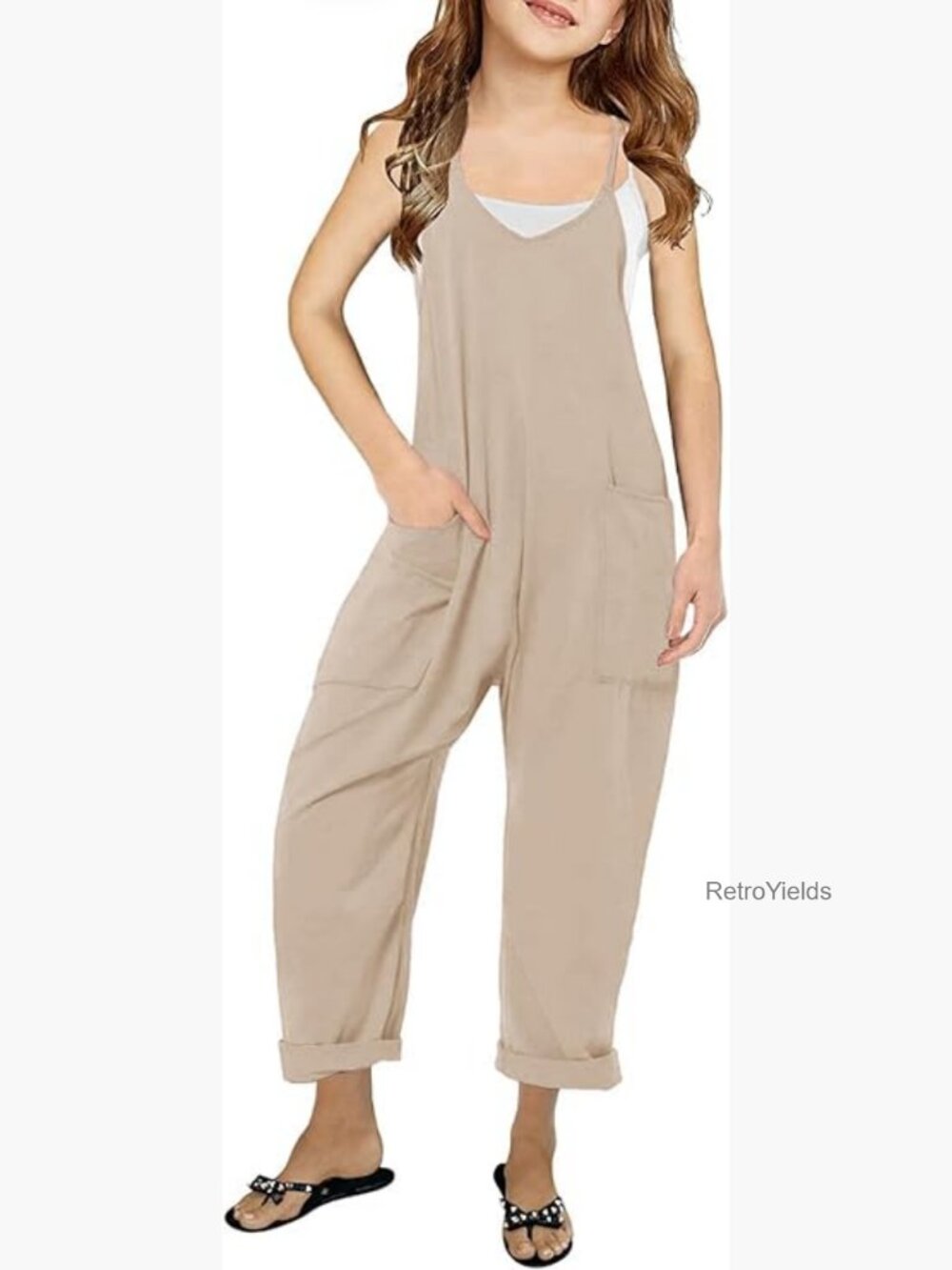 Girls Sleeveless Jumpsuit Romper with Pockets Adjustable Straps